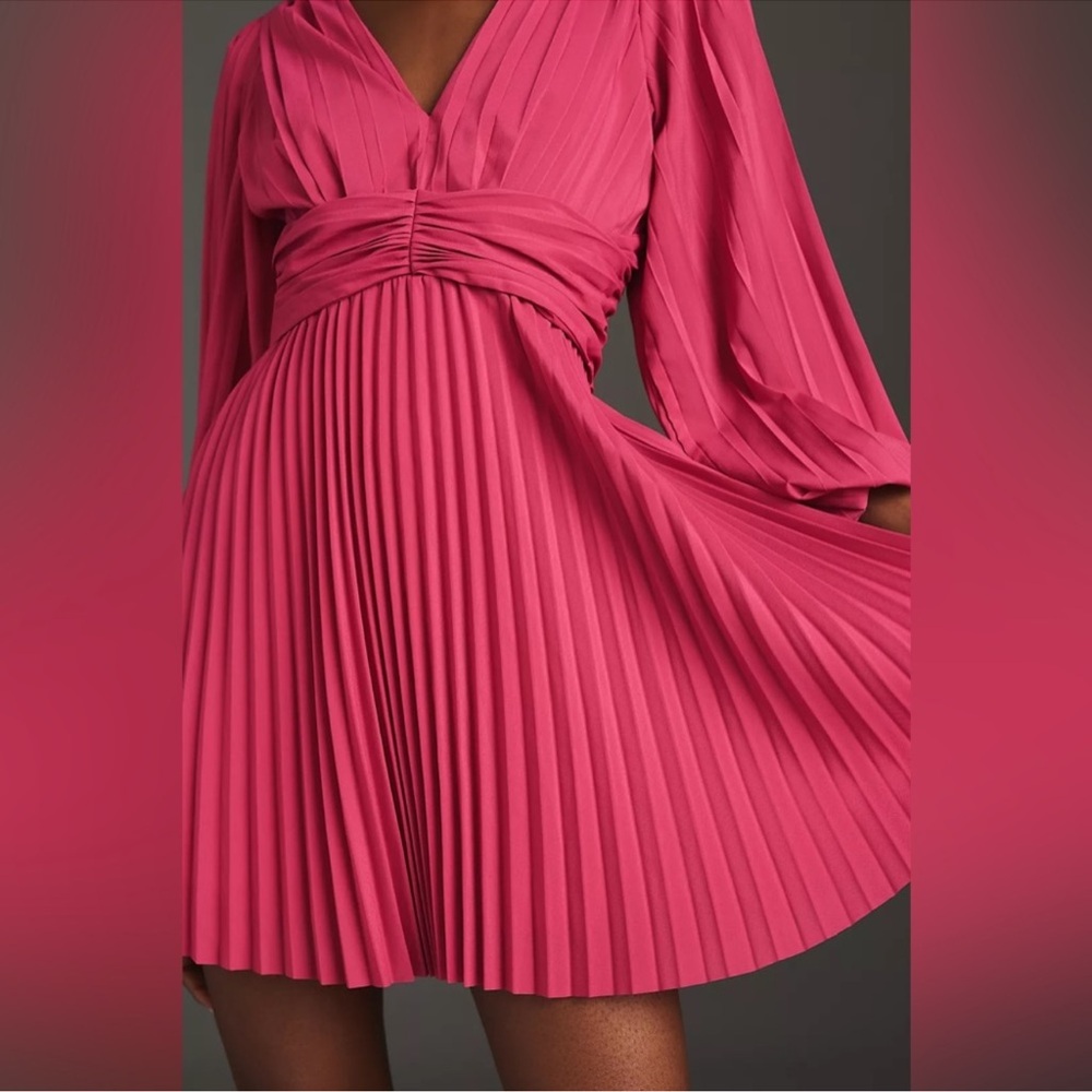 Anthropologie Aureta Pleated Long-Sleeve V Neck Midi Dress Raspberry Sz S NEW - Picture 4 of 11